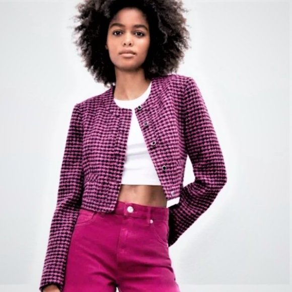 ZARA Pink Houndstooth Cropped Fitted Tweed Jacket Size M/S NEW with Tag - Picture 4 of 7